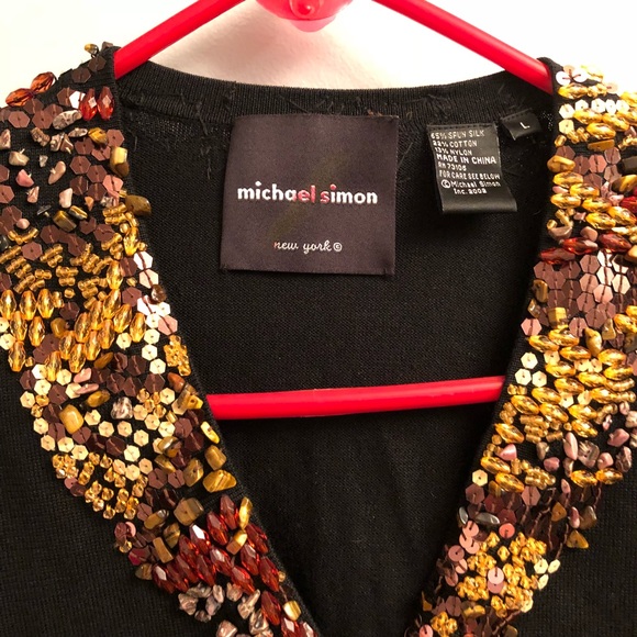 Michael Simon Sequin collar black cardigan L- EUC - Picture 2 of 6